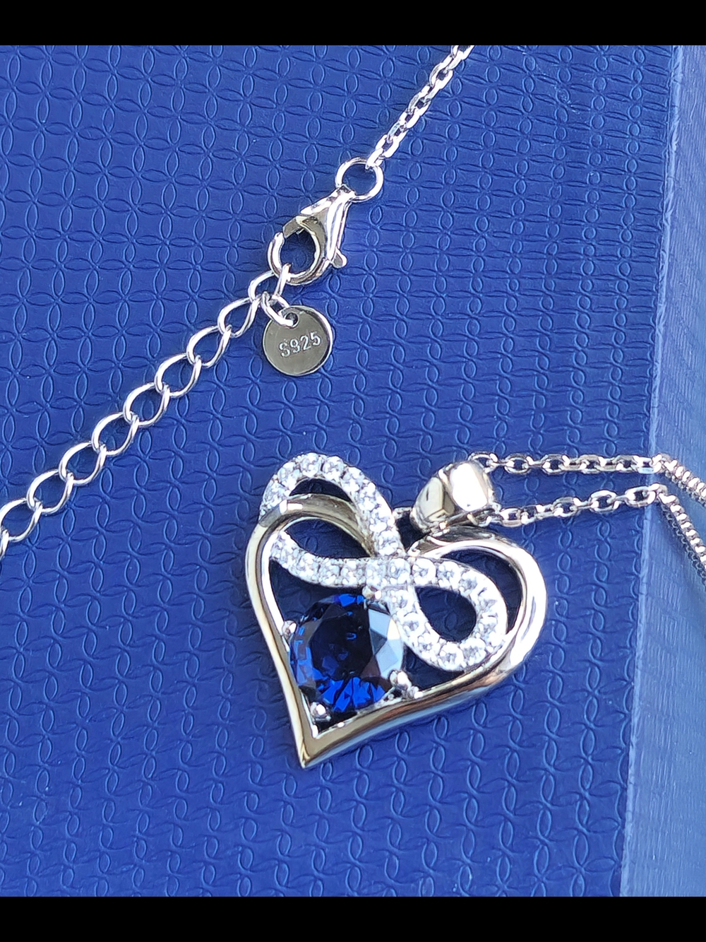 Sterling Silver Infinity Heart Pendant Necklace Blue CZ 19" Adjustable Chain